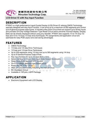 PT6547LQ datasheet - LCD Driver IC with Key Input Function