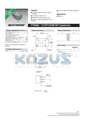 PT66005L datasheet - T1/CEPT/ISDN PRI Transformer
