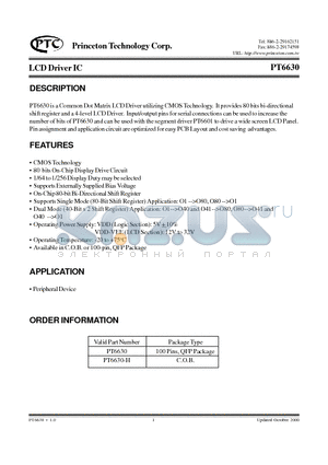 PT6630 datasheet - LCD Driver IC