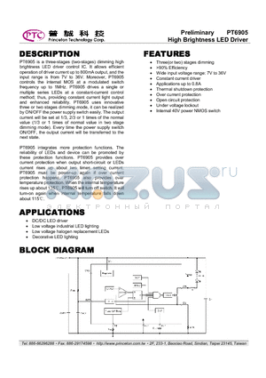 PT6905 datasheet - High Brightness LED Driver