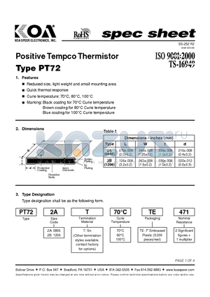 PT722AT100 datasheet - Positive Tempco Thermistor