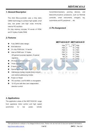 MDT10C41A1P datasheet - 8-bit Micro-controller