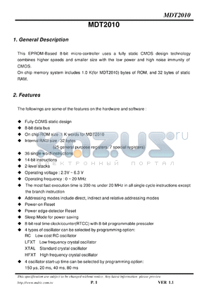 MDT2010 datasheet - 8-bit micro-controller uses a fully static CMOS design technology