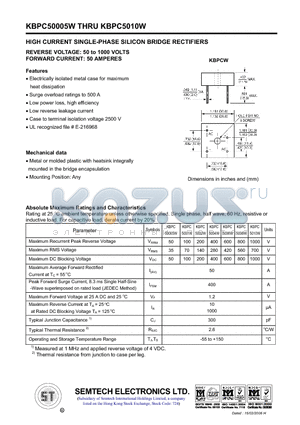 KBPC5004W datasheet - HIGH CURRENT SINGLE-PHASE SILICON BRIDGE RECTIFIERS