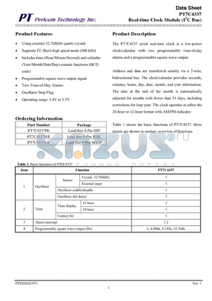 PT7C4337 datasheet - Real-time Clock Module (I2C Bus)