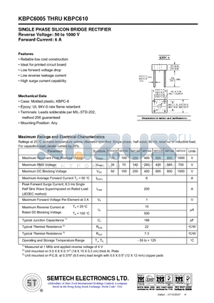 KBPC606 datasheet - SINGLE PHASE SILICON BRIDGE RECTIFIER