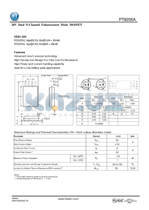 PT8205A datasheet - 20 V Dual N-Channel Enhancement Mode MOSFET