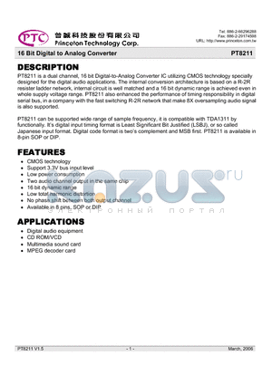 PT8211 datasheet - 16 Bit Digital to Analog Converter