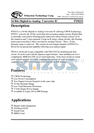 PT8215-S datasheet - 16 Bits Digital-To-Analog Converter IC