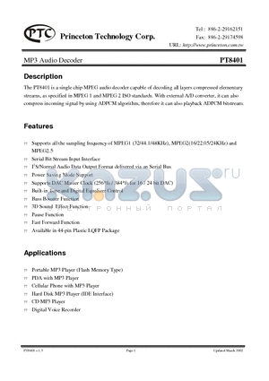 PT8401 datasheet - MP3 Audio Decoder