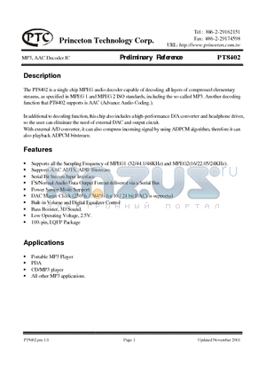 PT8402 datasheet - MP3, AAC Decoder IC