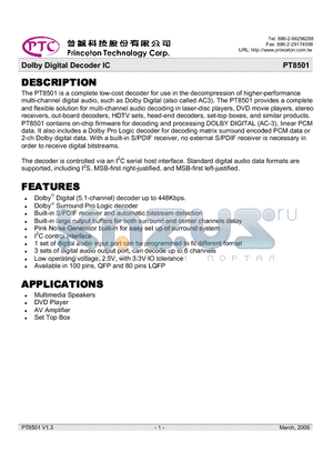 PT8501-80LQ datasheet - Dolby Digital Decoder IC