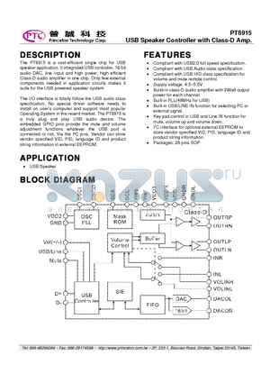 PT8915 datasheet - USB Speaker Controller with Class-D Amp.