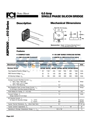 KBPC606 datasheet - 6.0 Amp SINGLE PHASE SILICON BRIDGE