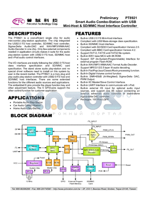 PT8921_10 datasheet - Smart Audio Combo-Station with USB Mini-Host & SD/MMC Host Interface Controller