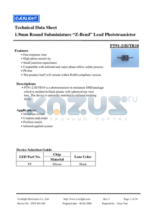 PT91-21B/TR10 datasheet - 1.9mm Round Subminiature Z-Bend Lead Phototransistor