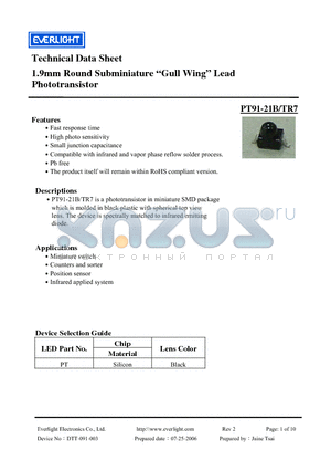 PT91-21B/TR7 datasheet - 1.9mm Round Subminiature Gull Wing Lead Phototransistor