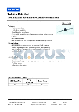 PT91-21B_07 datasheet - 1.9mm Round Subminiature Axial Phototransistor