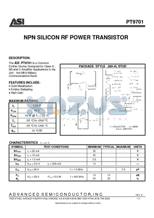 PT9701 datasheet - NPN SILICON RF POWER TRANSISTOR