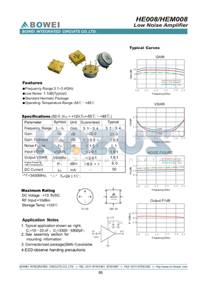 HE008 datasheet - Low Phase Noise VCO With Ceramic Coaxial Resonator