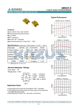 HE021-3 datasheet - 3 way 0 power Combiner/Splitter