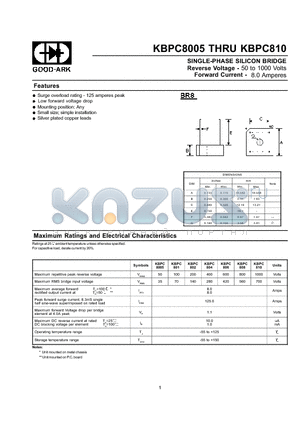 KBPC810 datasheet - SINGLE-PHASE SILICON BRIDGE