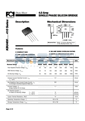 KBU400 datasheet - 4.0 Amp SINGLE PHASE SILICON BRIDGE