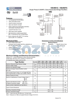 KBU607G datasheet - Single Phase 6.0AMPS. Glass Passivated Bridge Rectifiers