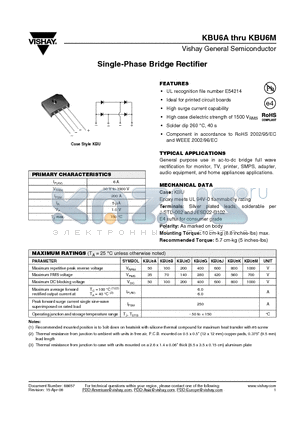 KBU6K datasheet - Single-Phase Bridge Rectifier