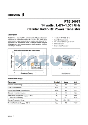 PTB20074 datasheet - 14 watts, 1.477-1.501 GHz Cellular Radio RF Power Transistor