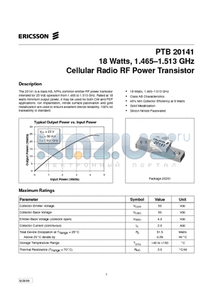 PTB20141 datasheet - 18 Watts, 1.465-1.513 GHz Cellular Radio RF Power Transistor