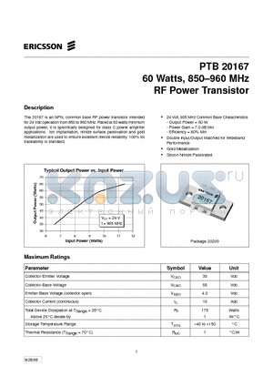 PTB20167 datasheet - 60 Watts, 850-960 MHz RF Power Transistor