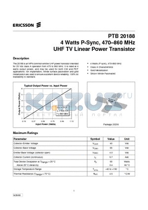PTB20188 datasheet - 4 Watts P-Sync, 470-860 MHz UHF TV Linear Power Transistor