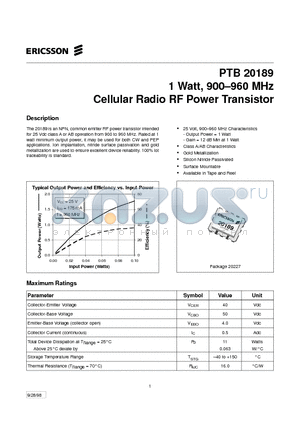 PTB20189 datasheet - UHF TV Linear Power Transistor Cellular Radio RF Power Transistor