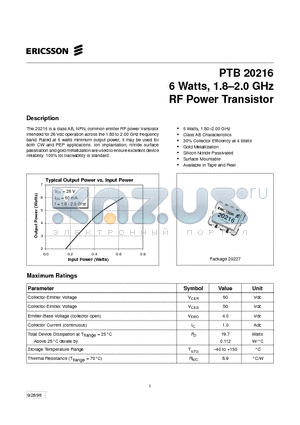 PTB20216 datasheet - 6 Watts, 1.8-2.0 GHz RF Power Transistor