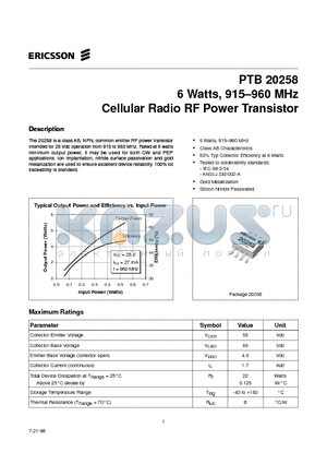 PTB20258 datasheet - 6 Watts, 915-960 MHz Cellular Radio RF Power Transistor