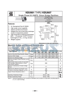 KBU807 datasheet - Single Phase 8.0 AMPS. Silicon Bridge Rectifiers