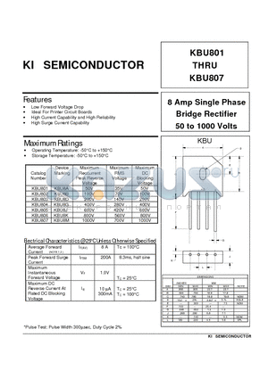 KBU807 datasheet - 8 Amp Single Phase Bridge Rectifier 50 to 1000 Volts