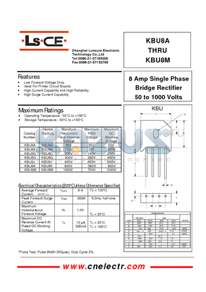 KBU8G datasheet - 8Amp single phase bridge rectifier 50to1000 volts