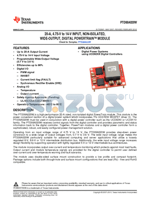 PTD08A020W datasheet - 20-A, 4.75-V to 14-V INPUT, NON-ISOLATED, WIDE-OUTPUT, DIGITAL POWERTRAIN MODULE