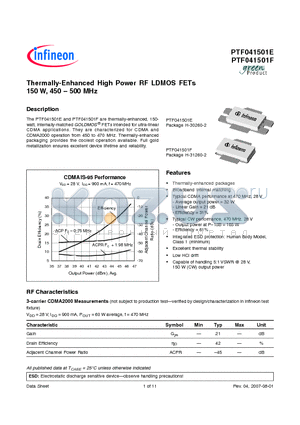 PTF041501E datasheet - Thermally-Enhanced High Power RF LDMOS FETs 150 W, 450 - 500 MHz