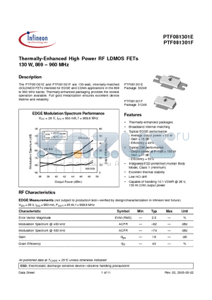 PTF081301E datasheet - Thermally-Enhanced High Power RF LDMOS FETs 130 W, 869 - 960 MHz