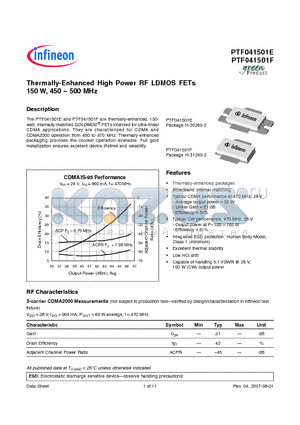 PTF041501F datasheet - Thermally-Enhanced High Power RF LDMOS FETs 150 W, 450 - 500 MHz