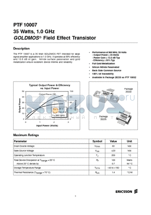 PTF10007 datasheet - 35 Watts, 1.0 GHz GOLDMOS Field Effect Transistor