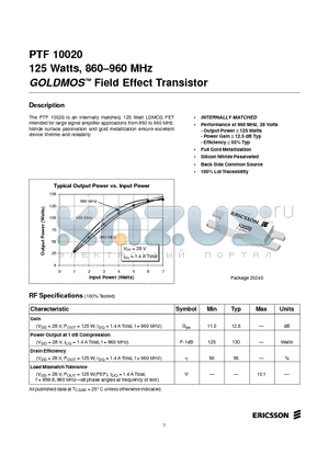 PTF10020 datasheet - 125 Watts, 860-960 MHz GOLDMOS Field Effect Transistor