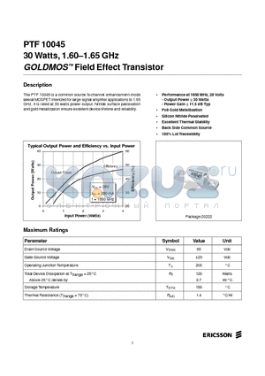 PTF10045 datasheet - 30 Watts, 1.60-1.65 GHz GOLDMOS Field Effect Transistor