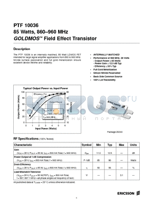 PTF10036 datasheet - 85 Watts, 860-960 MHz GOLDMOS Field Effect Transistor