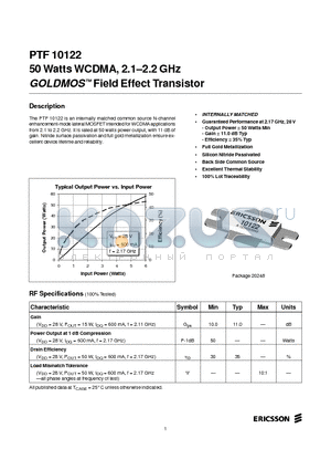 PTF10122 datasheet - 50 Watts WCDMA, 2.1-2.2 GHz GOLDMOS Field Effect Transistor