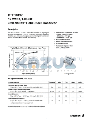 PTF10137 datasheet - 12 Watts, 1.0 GHz GOLDMOS Field Effect Transistor