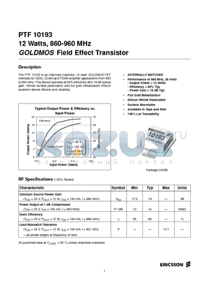 PTF10193 datasheet - 12 Watts, 860-960 MHz GOLDMOS Field Effect Transistor